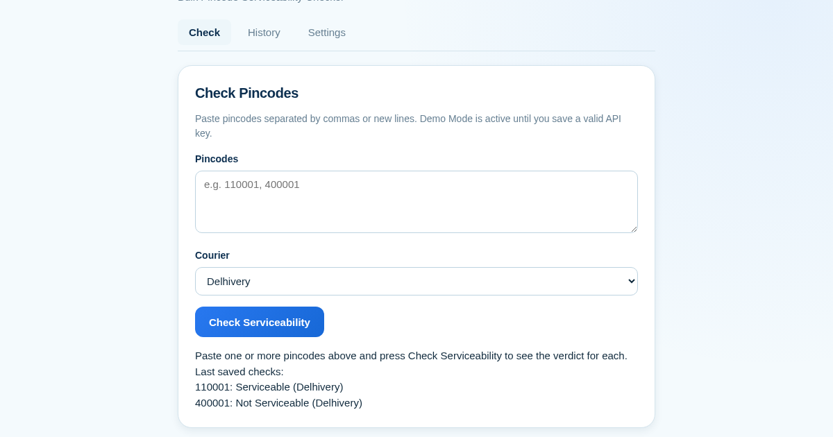 PinServe - Bulk Pincode Serviceability Checker